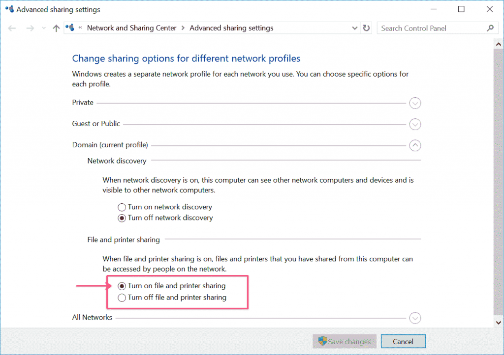 Turn on file and printer sharing